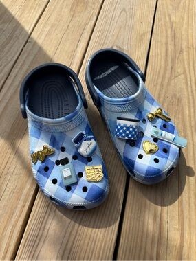 CROCS X Bath and Body Works Blue Plaid Slip-On clogs with Gold Charm Accents